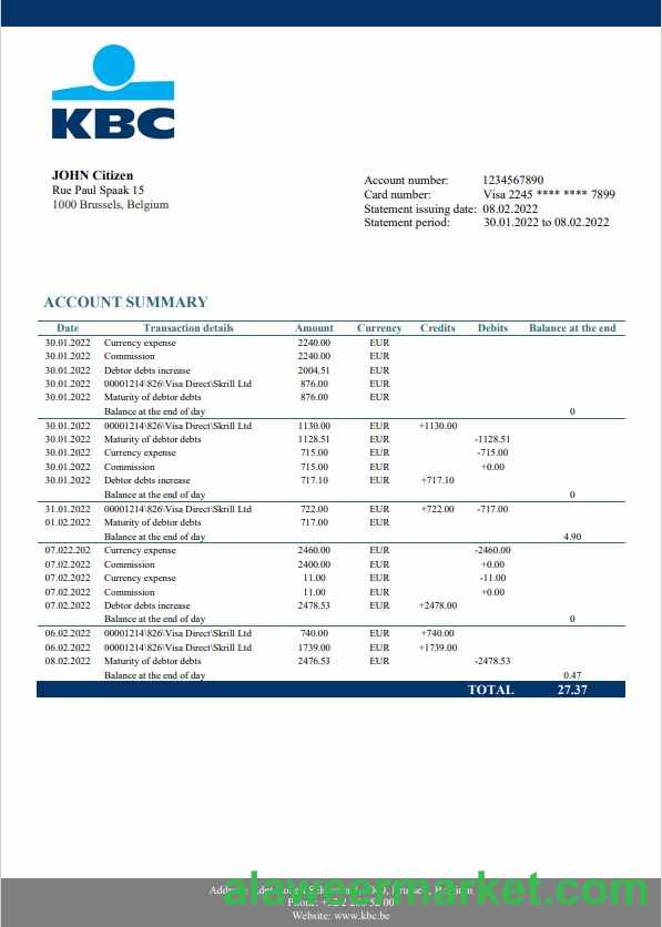 Belgium KBC bank statement template in Word and PDF format